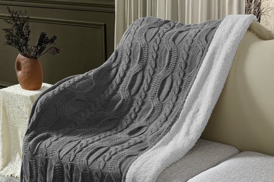 Reversible Sherpa Cable Knit Throw Blanket