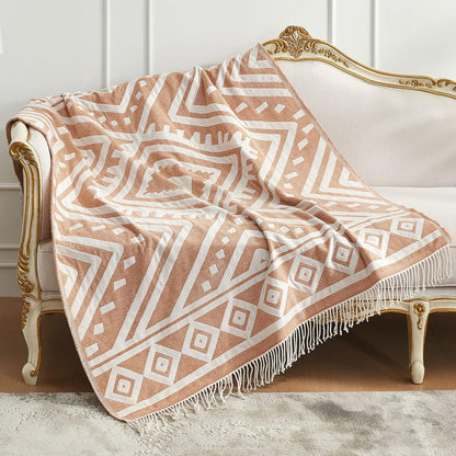 Chenille Jacquard Woven Throw Blanket with Handmade Tassels